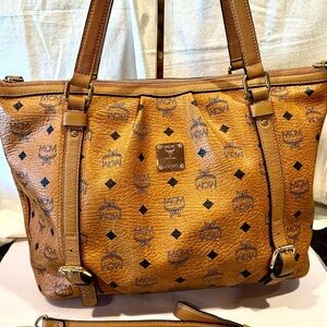 MCM Visetos Monogram Coated Canvas Tote Bag With Leather Trim